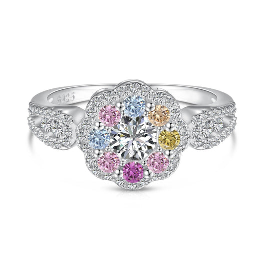 [Spark Jewelry]Delicate Colorful Round Cut Flower Shape Wedding Ring