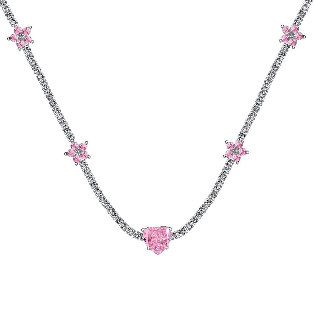 [Radiant Jewelry]Dazzling Pink Heart Flower Necklace
