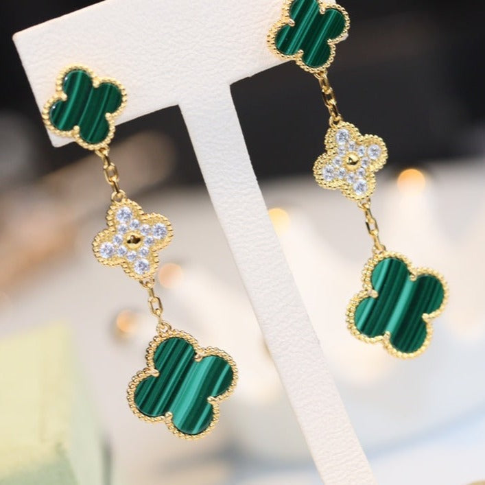 [Spark]CLOVER EARRINGS GOLD MALACHITE DIAMOND 3 MOTIF