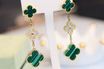 [Spark]CLOVER EARRINGS GOLD MALACHITE DIAMOND 3 MOTIF