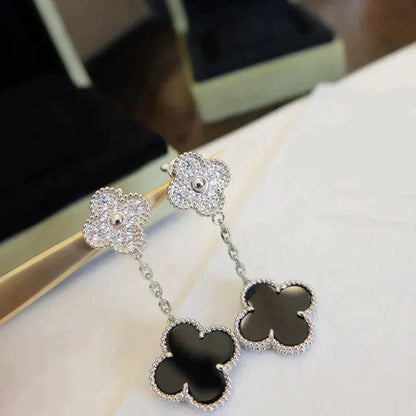 [Spark]CLOVER 2 MOTIFS  DIAMOND ONYX EARRINGS SILVER