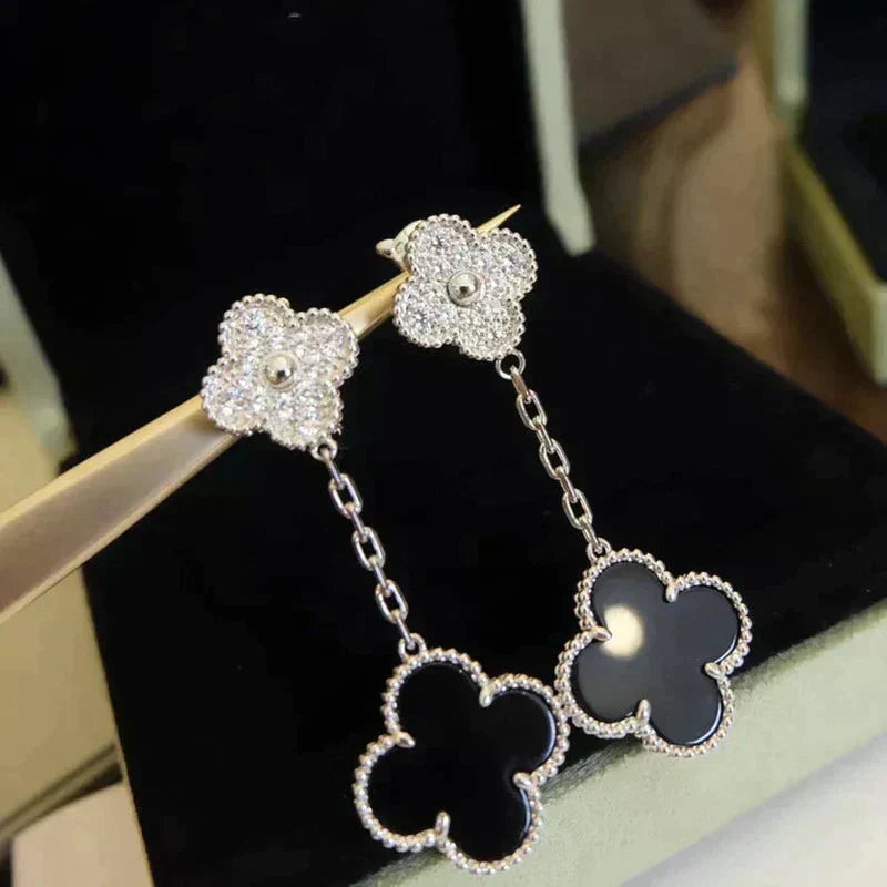 [Spark]CLOVER 2 MOTIFS  DIAMOND ONYX EARRINGS SILVER