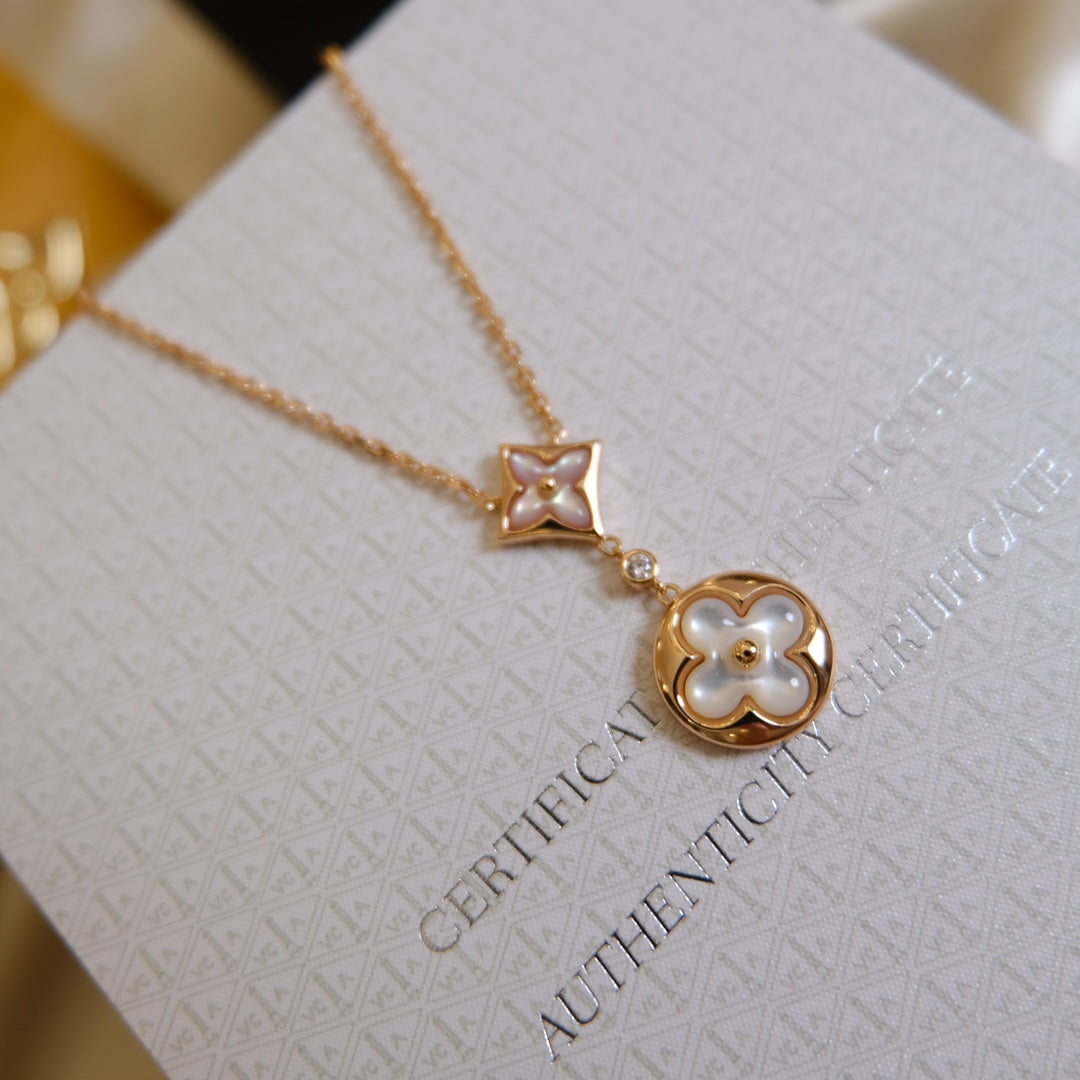 [Spark]STAR AND SUN WHITE MOP 2 MOTIF PINK GOLD NECKLACE