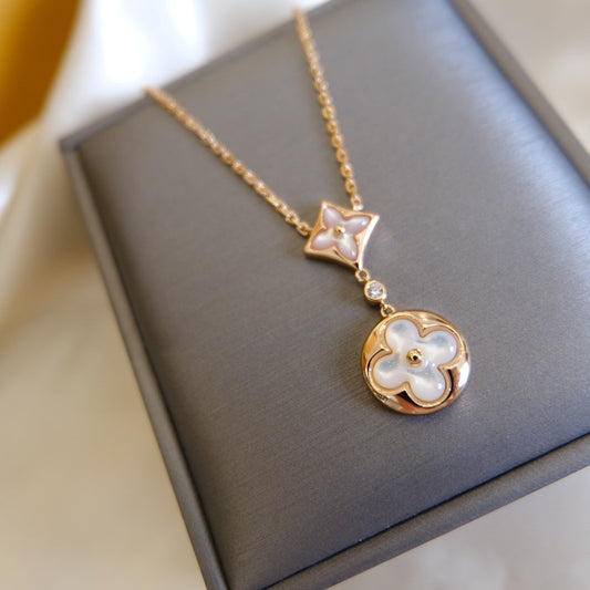 [Spark]STAR AND SUN WHITE MOP 2 MOTIF PINK GOLD NECKLACE