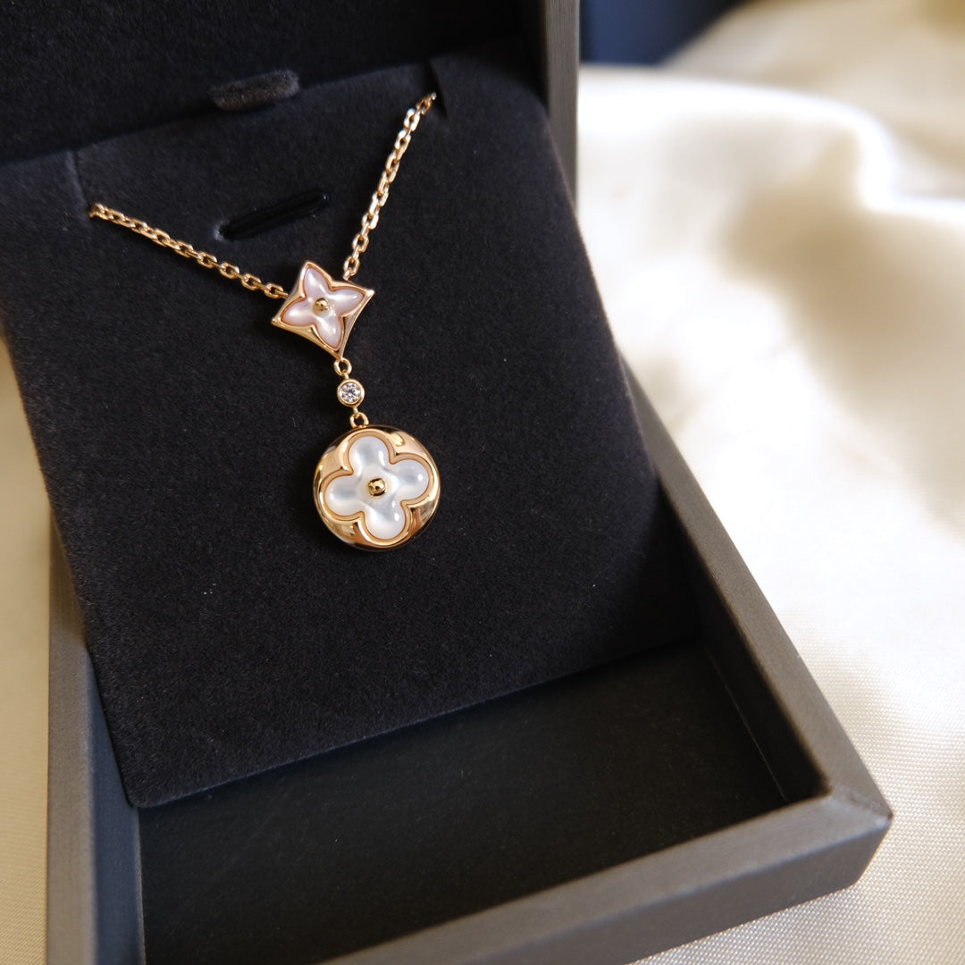 [Spark]STAR AND SUN WHITE MOP 2 MOTIF PINK GOLD NECKLACE