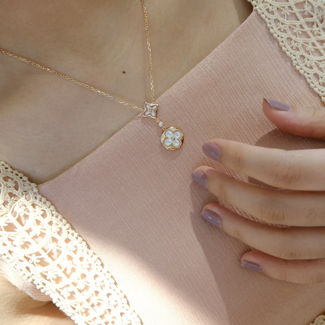 [Spark]STAR AND SUN WHITE MOP 2 MOTIF PINK GOLD NECKLACE