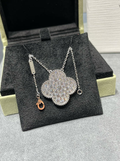 [Spark]CLOVER 25MM LARGE PENDANT DIAMOND PAVED SILVER NECKLACE