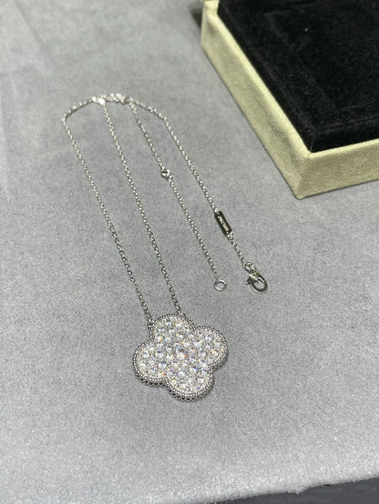 [Spark]CLOVER 25MM LARGE PENDANT DIAMOND PAVED SILVER NECKLACE
