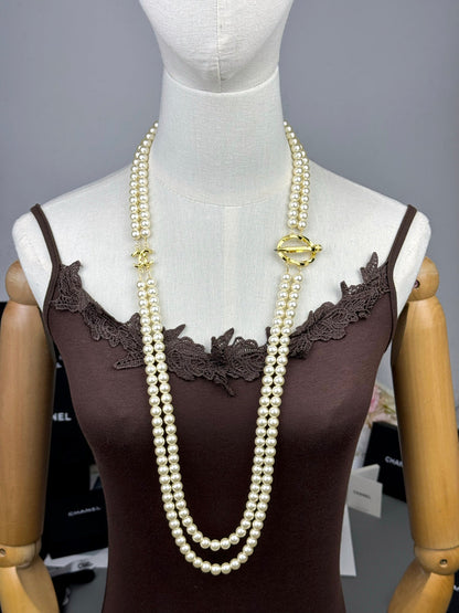 [Spark]25K Pencil Double C Double-Layer Pearl Sweater Chain