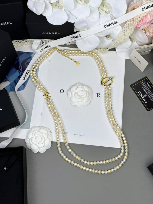 [Spark]25K Pencil Double C Double-Layer Pearl Sweater Chain