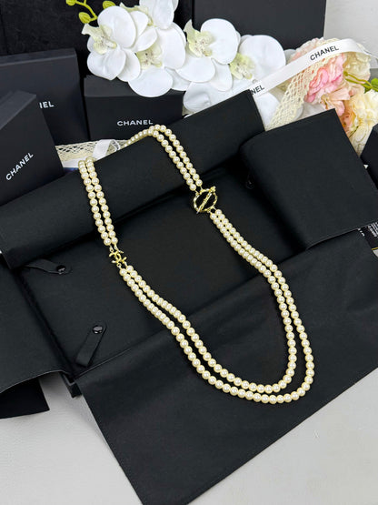 [Spark]25K Pencil Double C Double-Layer Pearl Sweater Chain