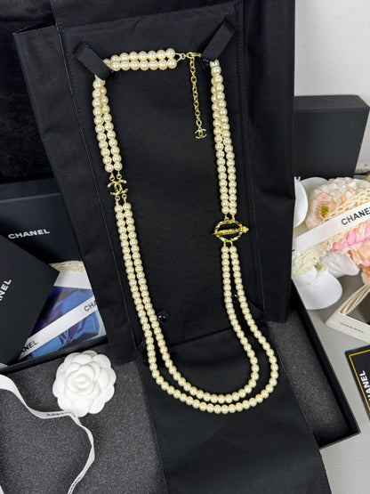 [Spark]25K Pencil Double C Double-Layer Pearl Sweater Chain