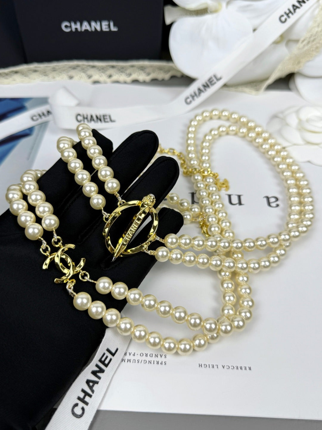 [Spark]25K Pencil Double C Double-Layer Pearl Sweater Chain