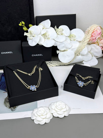 [Spark]New Blue Floral Double-Layer Necklace