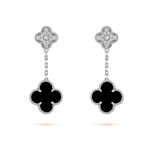 [Spark]CLOVER 2 MOTIFS  DIAMOND ONYX EARRINGS SILVER