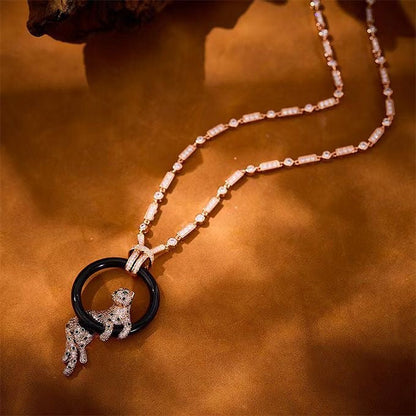 [Spark jewelrys]NEW BLACK CIRCLE PANTHER FULL DIAMOND NECKLACE