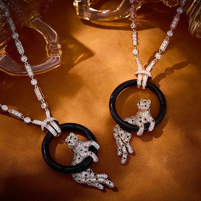 [Spark jewelrys]NEW BLACK CIRCLE PANTHER FULL DIAMOND NECKLACE