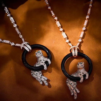 [Spark jewelrys]NEW BLACK CIRCLE PANTHER FULL DIAMOND NECKLACE
