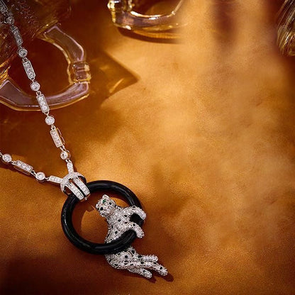 [Spark jewelrys]NEW BLACK CIRCLE PANTHER FULL DIAMOND NECKLACE