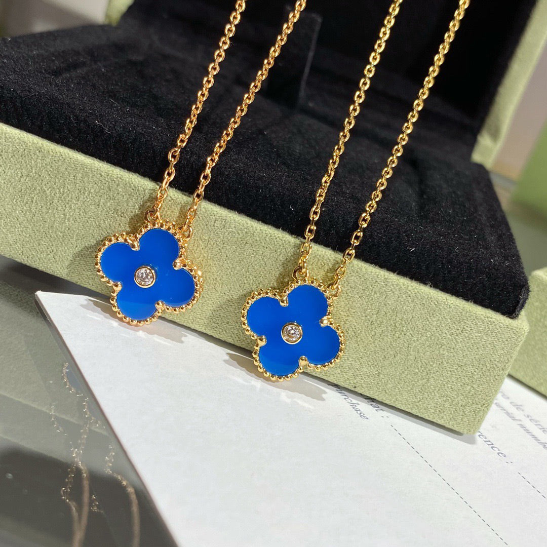 [Spark]CLOVER 15MM DIAMOND AND BLUE AGATE NECKLACE