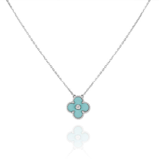 [Spark]CLOVER 1 DIAMOND LIGHT BLUE SILVER NECKLACE