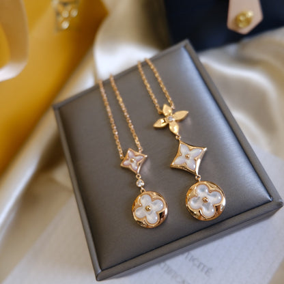 [Spark]COLOR BLOSSOM LARIAT NECKLACE PINK GOLD WHITE MOTHER PEARL AND DIAMOND