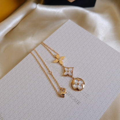 [Spark]COLOR BLOSSOM LARIAT NECKLACE PINK GOLD WHITE MOTHER PEARL AND DIAMOND