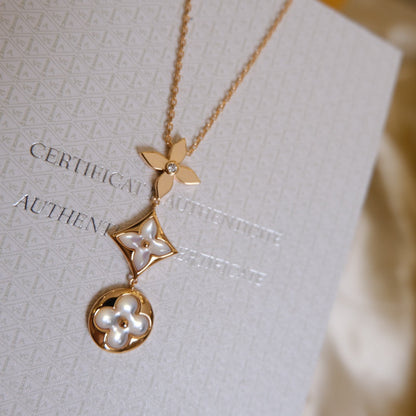 [Spark]COLOR BLOSSOM LARIAT NECKLACE PINK GOLD WHITE MOTHER PEARL AND DIAMOND