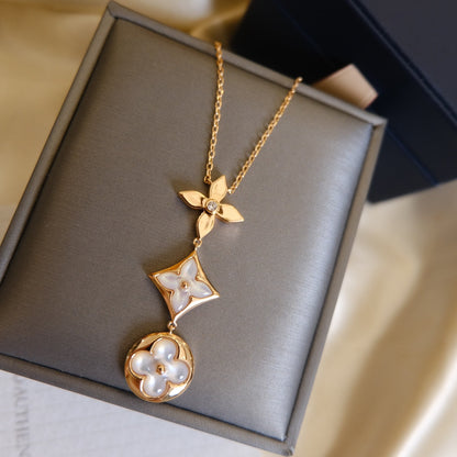 [Spark]COLOR BLOSSOM LARIAT NECKLACE PINK GOLD WHITE MOTHER PEARL AND DIAMOND