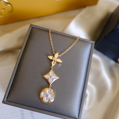 [Spark]COLOR BLOSSOM LARIAT NECKLACE PINK GOLD WHITE MOTHER PEARL AND DIAMOND