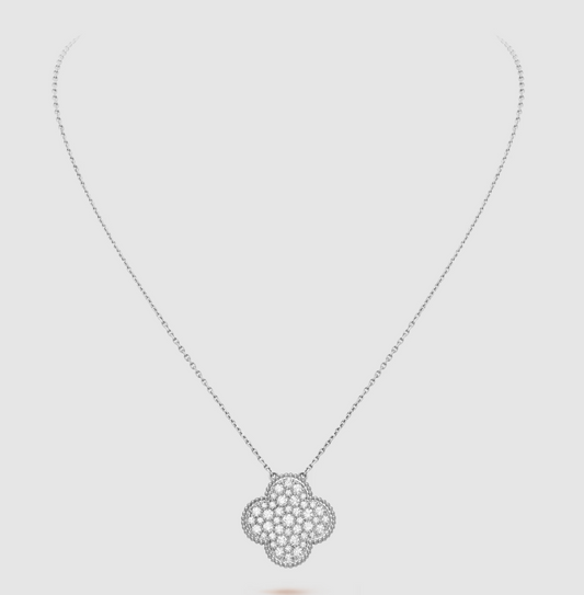 [Spark]CLOVER 25MM LARGE PENDANT DIAMOND PAVED SILVER NECKLACE