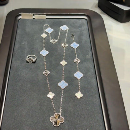 [Spark]DETACHABLE CLOVER 15(11+4) FLOWER SILVER NECKLACE SET