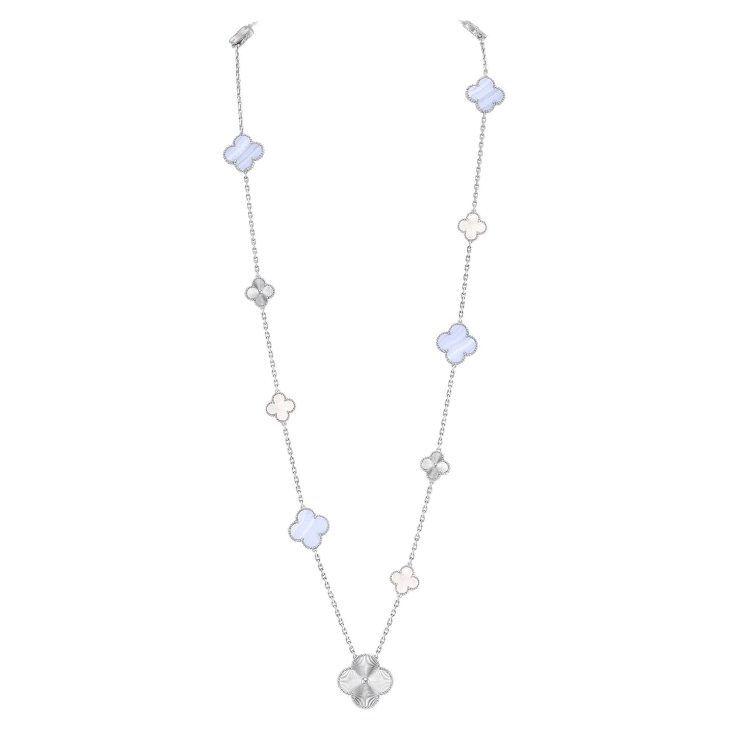 [Spark]DETACHABLE CLOVER 15(11+4) FLOWER SILVER NECKLACE SET