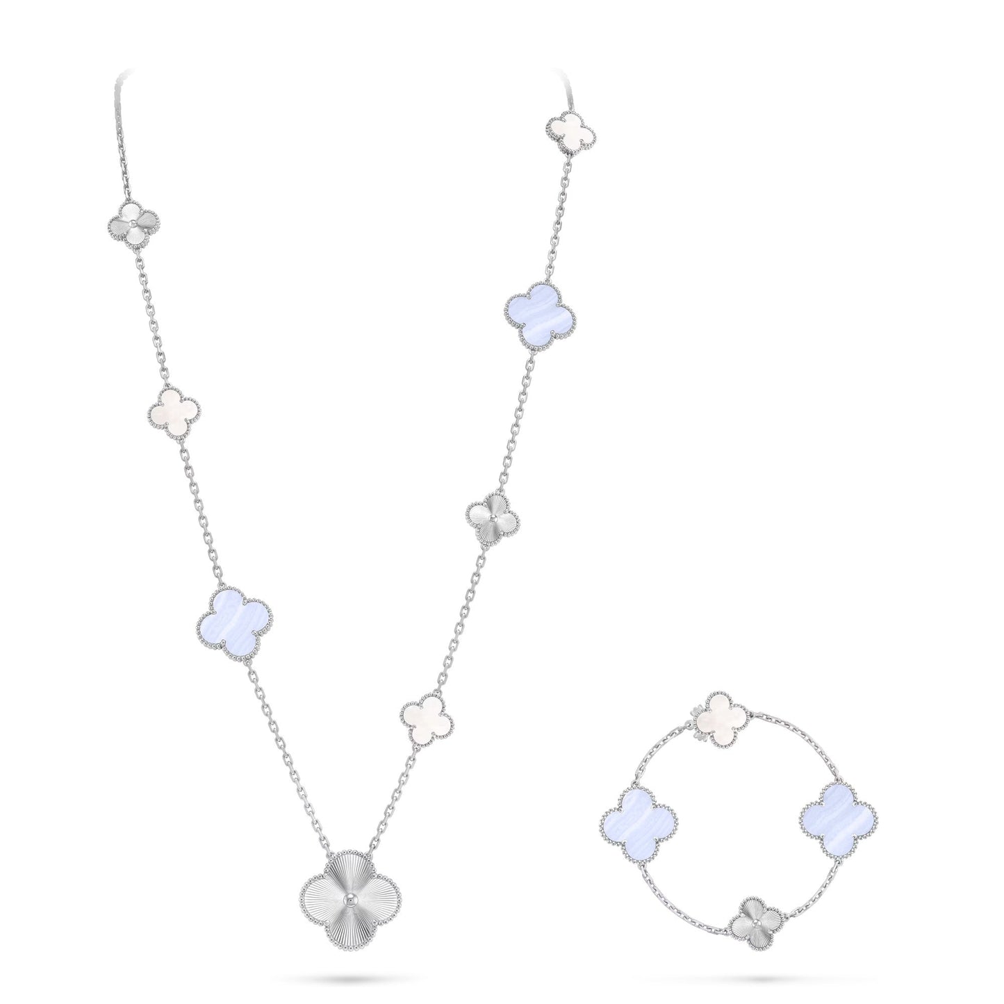 [Spark]DETACHABLE CLOVER 15(11+4) FLOWER SILVER NECKLACE SET