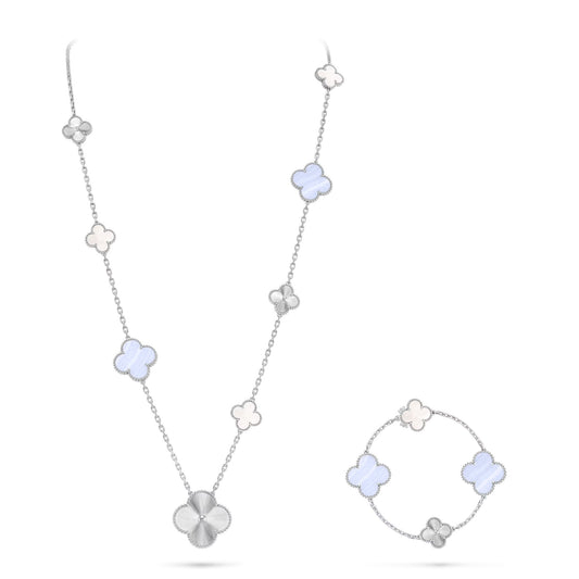 [Spark]DETACHABLE CLOVER 15(11+4) FLOWER SILVER NECKLACE SET