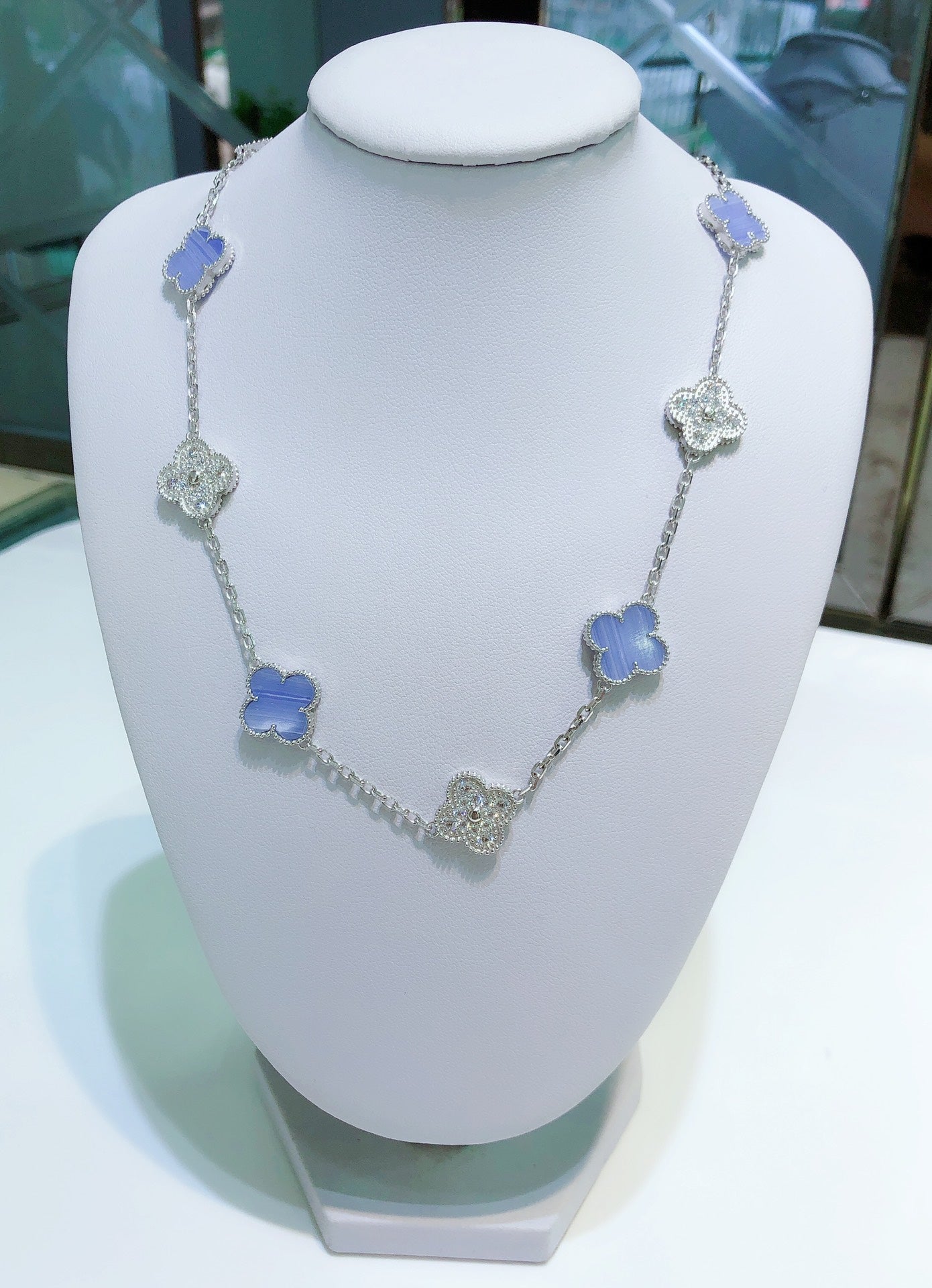 [Spark]CLOVER 10 MOTIFS CHALCEDONY DIAMONDS SILVER NECKLACE