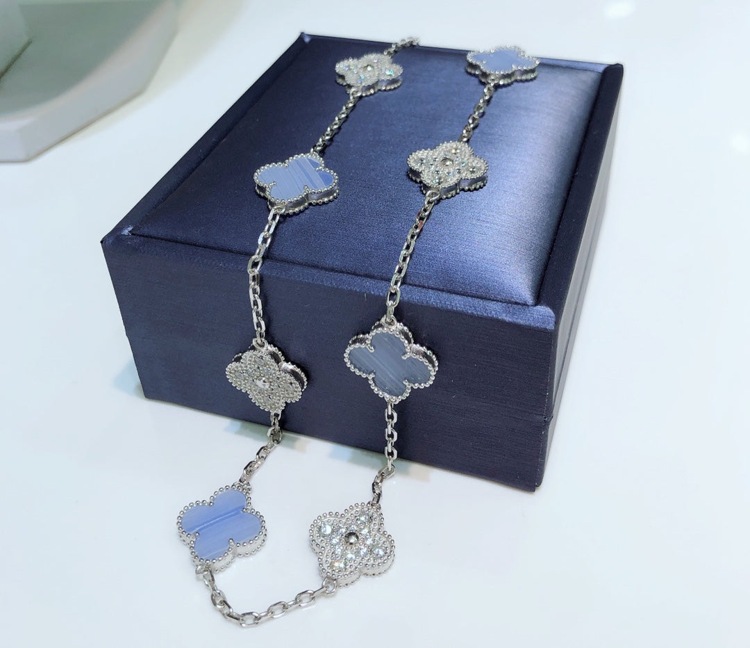 [Spark]CLOVER 10 MOTIFS CHALCEDONY DIAMONDS SILVER NECKLACE