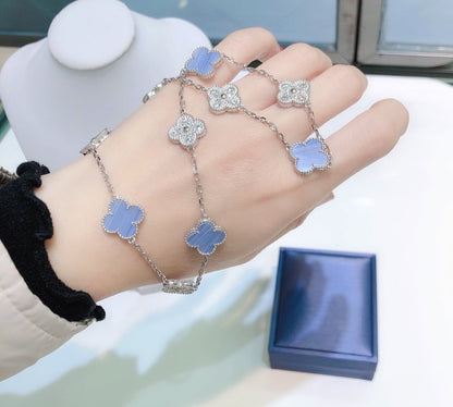 [Spark]CLOVER 10 MOTIFS CHALCEDONY DIAMONDS SILVER NECKLACE